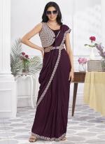 Shimmer Georgette Wine Party Wear Embroidery Work Ready To Wear Saree